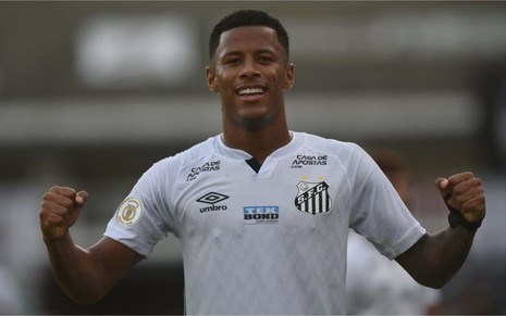 Arthur Gomes comemora gol pelo Santos no Brasileirão