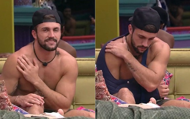 Montagem com dois prints de Arthur Picoli: à esquerda, sem tipoia e sorrindo; à direita, já com a tipoia, olhando para baixo