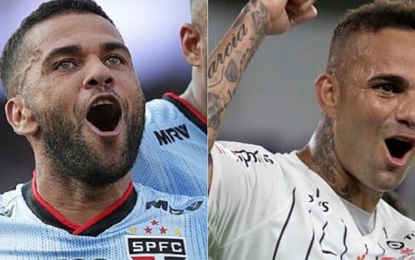 Montagem de fotos com Daniel Alves, do São Paulo, e Luan, do Corinthians: os dois estão comemorando gols