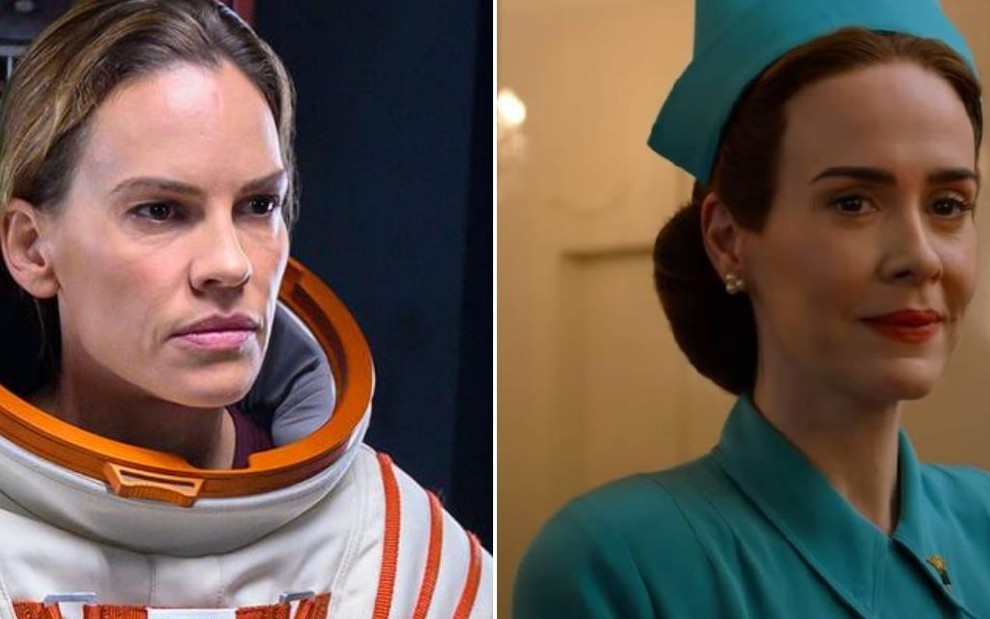 Hilary Swank aparece vestida como uma astronauta em Away; já Sarah Paulson surge com um uniforme de enfermeira em Ratched