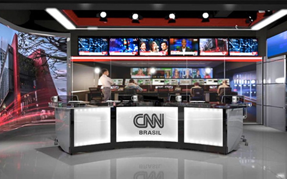 Bancada luminosa da CNN Brasil, com telões na parte superior do estúdio