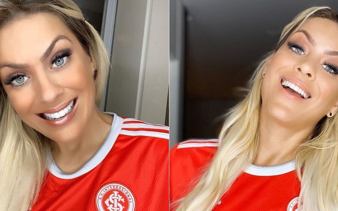 Montagem de fotos da apresentadora Renata Fan com a camisa do Internacional, uma delas com muito filtro para tratar a imagem, a segunda nem tanto