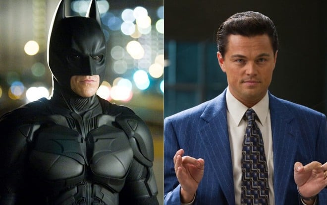 Christian Bale como o Batman em Batman: O Cavaleiro das Trevas e Leonardo DiCaprio em cena de O Lobo de Wall Street (2013)