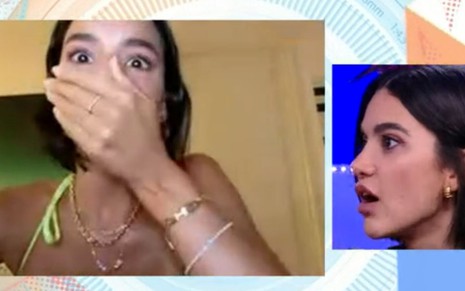 Tela dividida entre Bruna Marquezine, que está com a mão na boca, e Manu Gavassi, assustada no programa Bate-Papo BBB