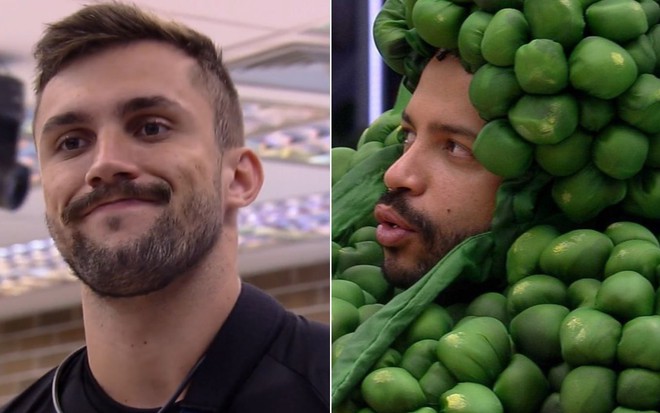 Montagem com Arthur Picoli surpreso e Projota com fantasia do monstro no BBB21