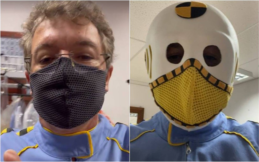 Boninho aparece usando óculos de grau e máscara cinza; na segunda foto ele usa mascara branca com detalhe amarelo e blusa azul