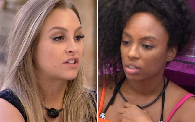 Montagem com Carla Diaz e Lumena Aleluia com reações de surpresa no BBB21