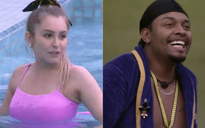 Montagem com imagens de Carla Diaz de biquíni na piscina (à esq.) e Nego Di com roupão de líder no BBB21