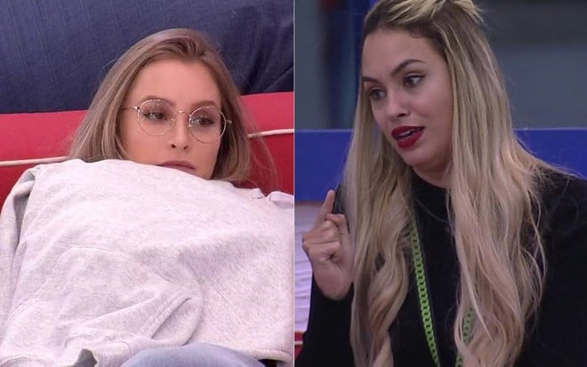 Montagem com imagens de Carla Diaz (à esq.) e Sarah Andrade na área externa do BBB21