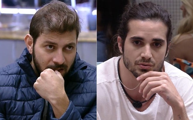 Montagem de fotos com Caio Afiune e Fiuk durante a realização do Jogo da Discórdia do BBB21, da Globo