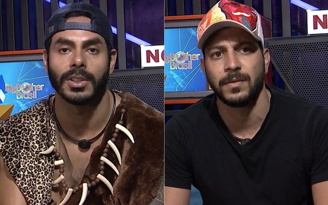 Montagem de fotos com os emparedadas Rodolffo e Caio Afiune no confessionário do BBB21, da Globo