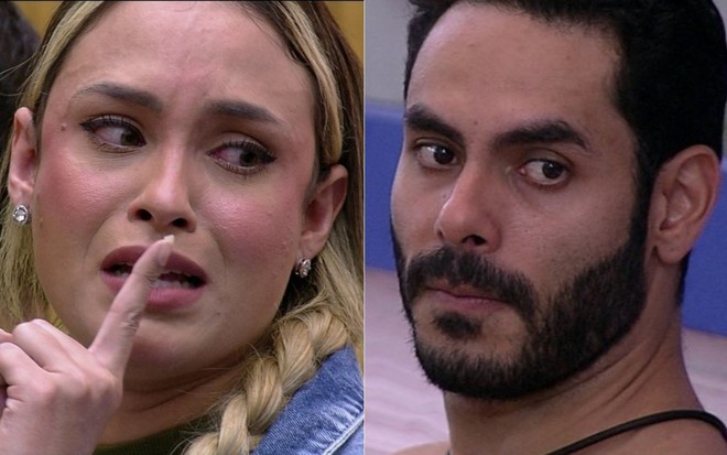 Montagem de fotos com Sarah Andrade chorando e Rodolffo com expressão de preocupado no BBB21