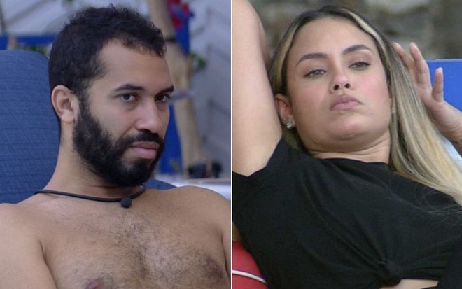 Montagem com Gilberto Nogueira sem camisa e Sarah Andrade com reação de preocupação