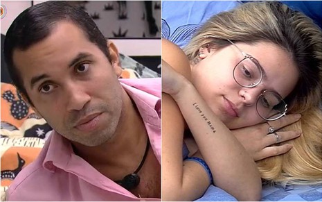 Gilberto olha para o lado, está deitado na cama e usa camiseta rosa; Viih Tube está deitada, usa óculos de grau e está de cabelo solto