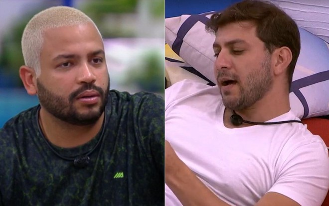 Montagem com imagens de Projota (à esq.) e Caio Afiune no BBB21