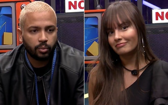 Montagem com Projota e Thaís Braz durante indicação ao paredão do BBB21