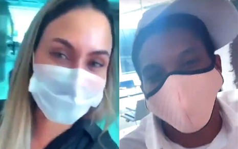 Montagem de fotos com Sarah Andrade e Lucas Penteado em um vídeo feito no aeroporto; eles estão de máscara