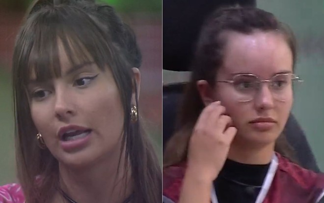 Thaís Braz à esquerda de franja e à direita com o cabelo preso para trás