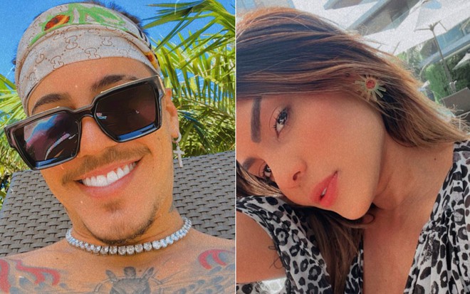 Biel sorrindo, sentado em uma cadeira de piscina e usando óculos de sol; e Tays Reis fazendo pose