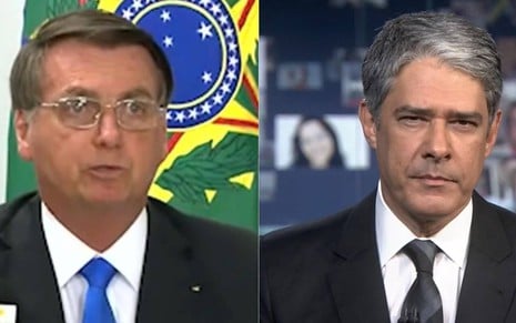 Montagem de fotos com o presidente Jair Bolsonaro e o âncora do Jornal Nacional, William Bonner