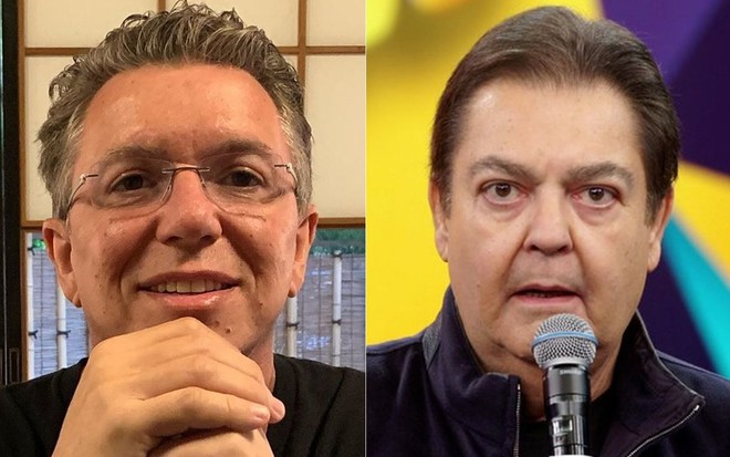 Boninho de óculos de grau, com as mãos apoiadas no queixo; Fausto Silva no palco do Domingão, de blusa preta e microfone na mão