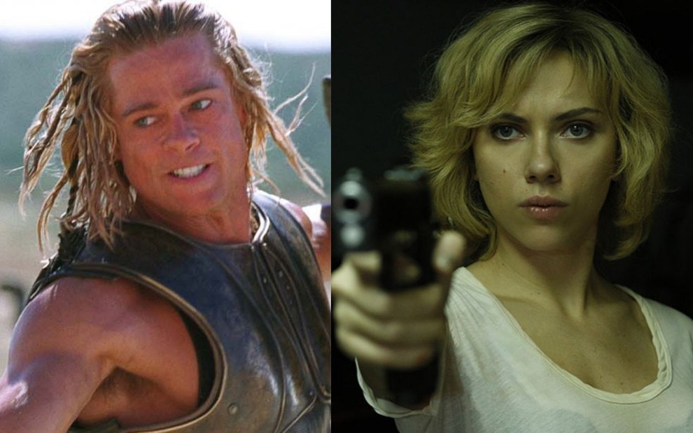 Montagem de Brad Pitt à esquerda, com uma roupa de guerreiro e Scarlett Johansson à direita com uma arma apontada