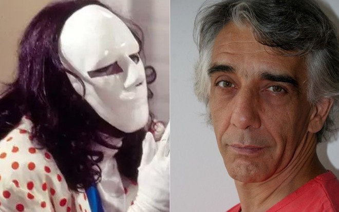 Breno Moroni caracterizado como o mascarado Adonay; o ator sem caracterização, com o cabelo grisalho