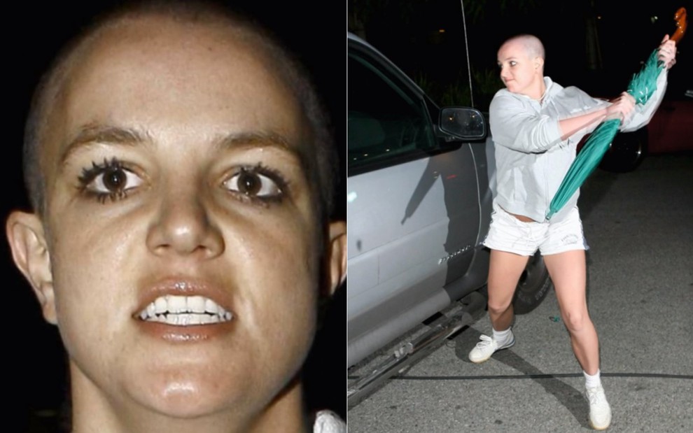 Britney Spears careca, com cara de raiva, e atacando um carro com um guarda-chuva