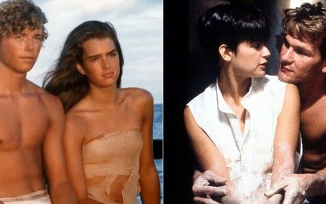 Montagem: Brooke Shields e Christopher Atkins em A Lagoa Azul (1980); e Patrick Swayze e Demi Moore em Ghost (1990)