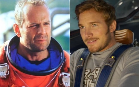 Montagem com os atores Bruce Willis em Armageddon (1998) e Chris Pratt em Guardiões da Galáxia Vol. 2 (2017)