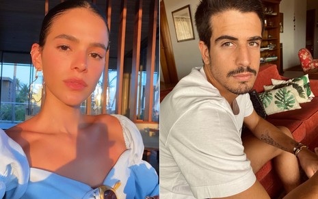Montagem com fotos do Instagram em que Bruna Marquezine aparece séria com os cabelos presos e Enzo Celulari está de camiseta branca sentado em um sofá