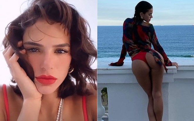 Bruna Marquezine de biquíni vermelho, fio dental, e fazendo carão no Instagram
