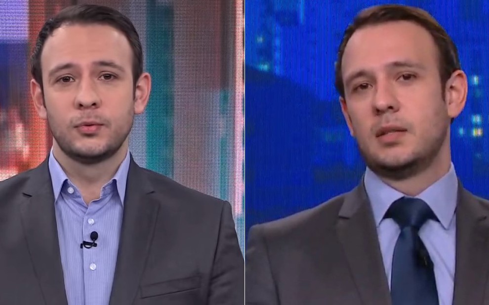 Bruno Salles na CNN Brasil, vestindo terno e camisa, mas sem gravata em uma imagem, e com o acessório em outra
