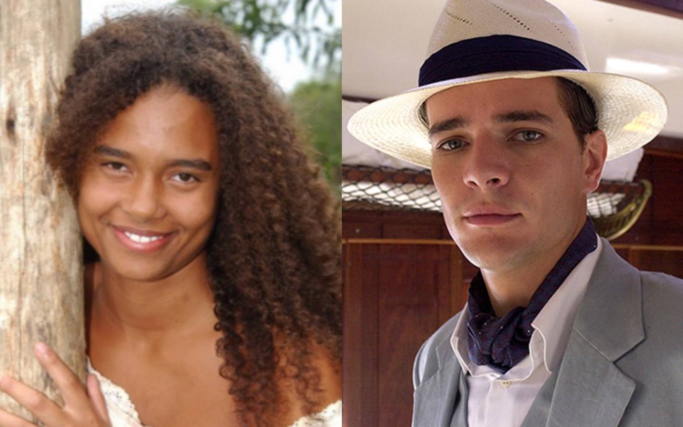 Aisha Jambo e Daniel de Oliveira caracterizados como seus personagens na novela Cabocla (2004); ela sorri e ele com expressão séria