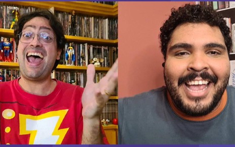 Os humoristas Fernando Caruso e Paulo Vieira sorriem em gravação do programa Cada Um no Seu Quadrado