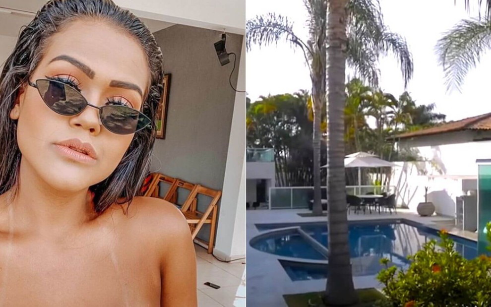 Montagem de fotos com a youtuber Camila Loures e uma imagem da piscina da mansão comprada por ela