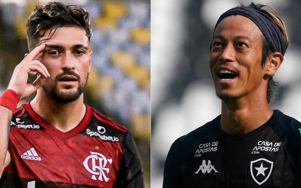 Montagem de fotos com Arrascaeta em jogo do Flamengo e o meia Honda em partida do Botafogo no Carioca