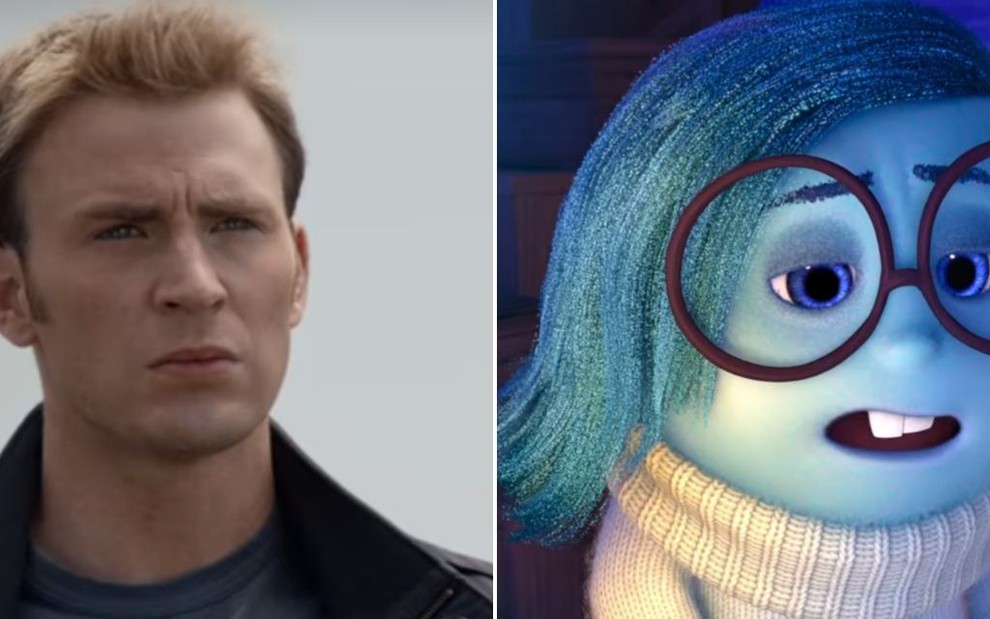 Chris Evans faz cara de bravo ao encarar vilão no filme Capitão América 2; e a personagem Tristeza aparece abatida em Divertida Mente