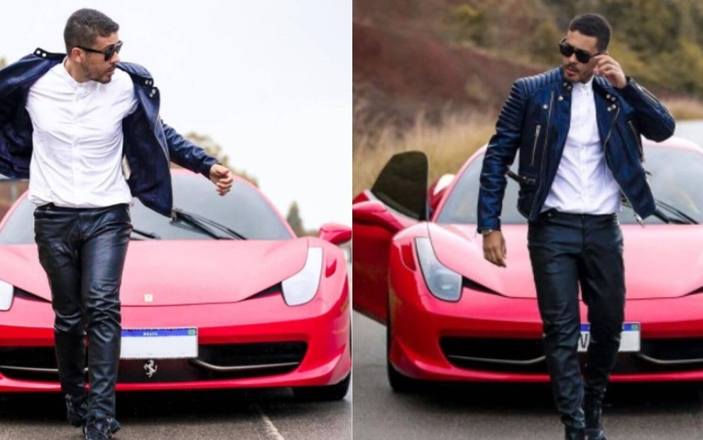Montagem de fotos com Carlinhos Maia em pé, caminhando na frente de sua Ferrari vermelha