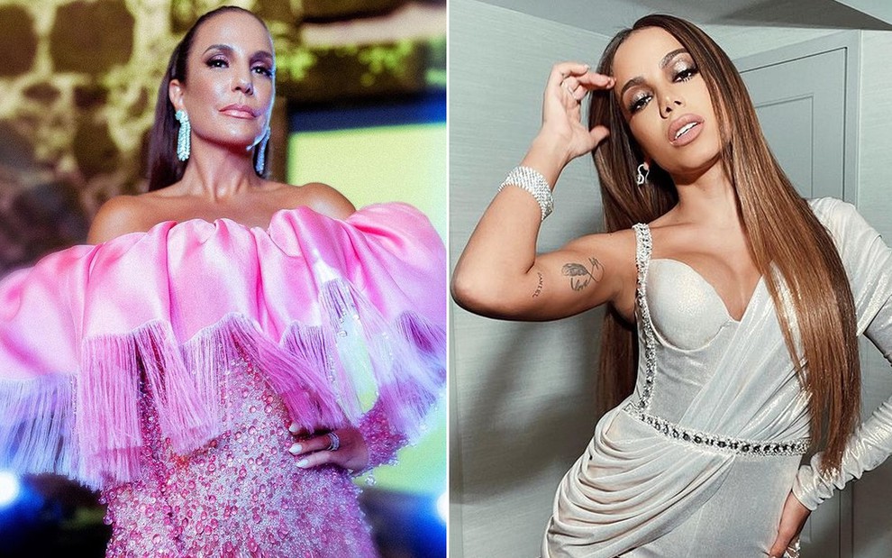 Montagem com Ivete Sangalo com um vestido rosa e Anitta de vestido claro e decotado