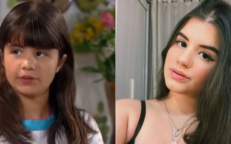 Montagem de fotos de Carol Chamberlain em cena como Dani em Chiquititas (à esquerda) e em seu Instagram em julho de 2020