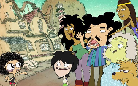 Irmão do Jorel (à esq.) e sua família e amigos em cena da animação nacional
