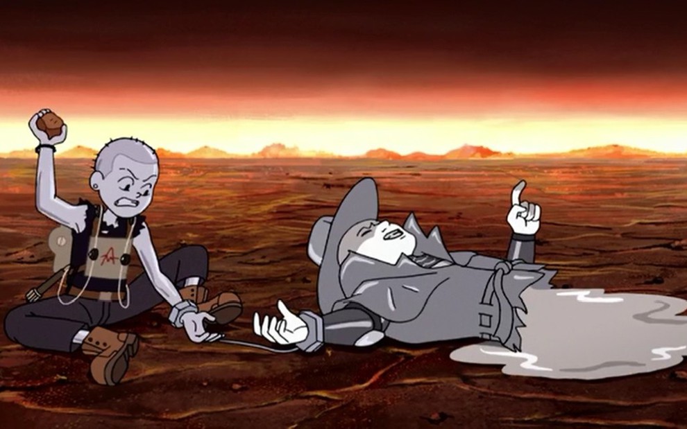 Os personagens Tulip do Espelho e Agente Mace estão algemados em cena do desenho animado Trem Infinito, do Cartoon Network