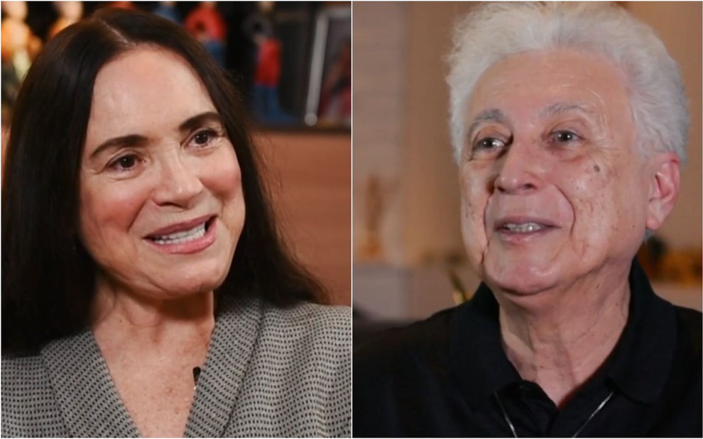 Regina Duarte e Aguinaldo Silva sorriem em depoimentos a episódio da série Os Casais que Amamos, do canal Viva
