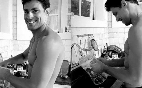 Montagem de fotos de Cauã Reymond lavando a louça em vídeo publicado no Instagram em 25 de março de 2020