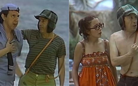 Montagem de fotos do episódio de Acapulco, com Quico e Chaves de um lado, e Chiquinha e Chaves do outro