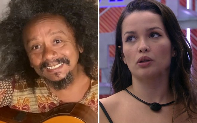 Montagem de imagem de Chico César sorrindo com um violão ao lado de Juliette Freire em foto dentro da casa do BBB21