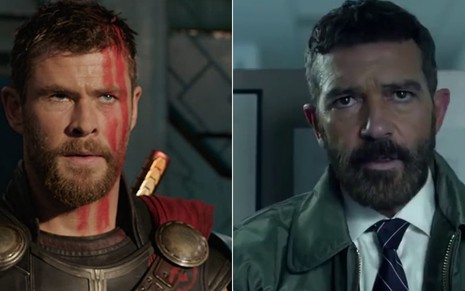 Montagem de Chris Hemsworth em Thor - Ragnarok (2017) e Antonio Banderas em Segurança em Risco (2017)