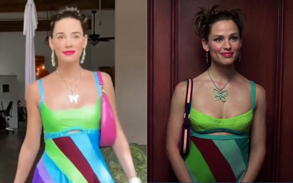 Christa B. Allen em vídeo do Instagram e Jennifer Garner em cena do filme De Repente 30 usando o mesmo modelo de vestido