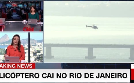 Daniela Lima, Carol Nogueira e Rachel Amorim na bancada da CNN Brasil durante cobertura de acidente aéreo no Rio